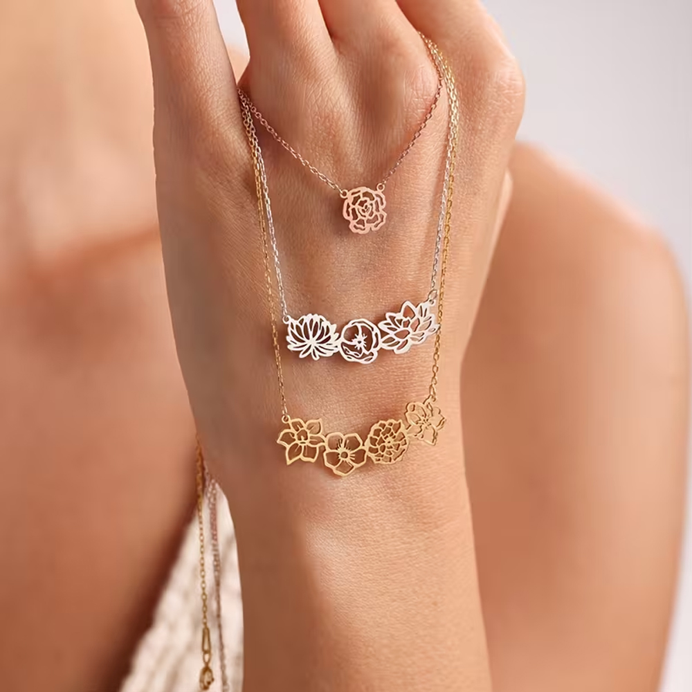 Birth Flower Necklace - Custom Birth Flowers Necklace Stainless Steel